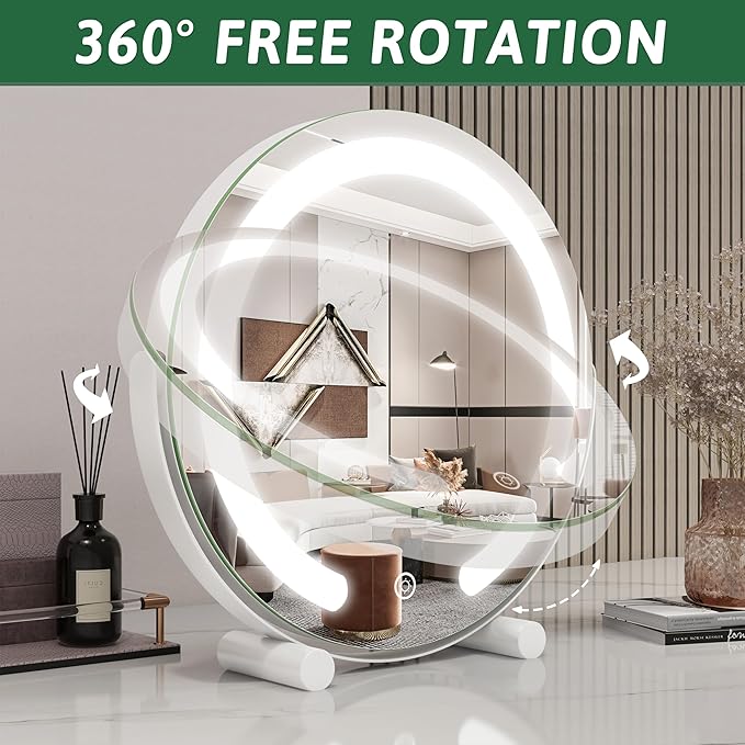 Vanity Mirror with Lights, 12 Inch Light Up Makeup Mirror, LED Makeup Mirror with Lights for Bedroom Tabletop, Smart Touch Control 3 Colors Dimmable, 360Β° Rotation, White