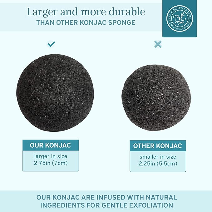 Bare Essentials Living - Konjac Sponges Set (12 Pack) with Activated Bamboo Charcoal Facial Sponge, Natural, Great for Facials, Bath, and Exfoliating Body Sponge