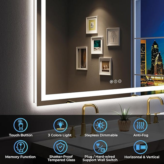 72x36 Inch LED Bathroom Mirror with Lights Front and Backlit Lighted Vanity Mirror for Bathroom Wall with 3 Colors Dimmable Anti-Fog Memory Shatter-Proof IP54 Waterproof Horizontal/Vertical