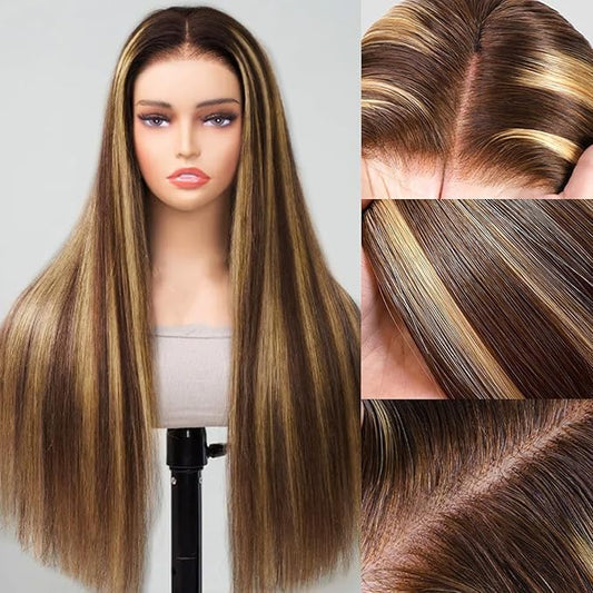 Highlight Human Hair Wigs Balayage Brown Highlight 7X5 Lace Front Bye Bye Knots Glueless Wigs Human Hair Pre Plucked Pre Cut Bleached Knots Pre Everything Put on and Go Wig 28 inch