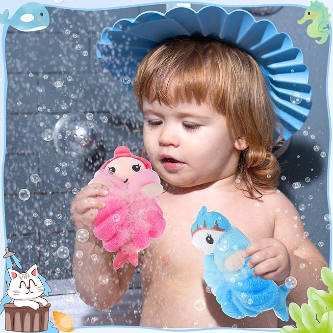 Nuenen 2 Pcs Bath Loofahs Kids Toddler Cute Cartoon Bath Sponges Loofah Pouf Body Scrubber Mesh Sponges for Children Shower Washing Exfoliating(Mermaid)