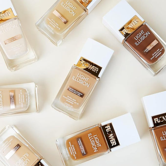FLOWER BEAUTY By Drew Barrymore Light Illusion SPF Foundation - Blendable + Buildable - Natural Finish - Lightweight Formula (Soft Sand)