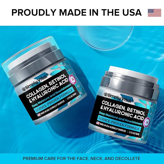 SimplyVital Collagen, Retinol & Hyaluronic Acid Cream - Anti-Aging Face Moisturizer for Face, Firming Skin Care Neck & DΓ©colletΓ© - Made in USA, Daily Moisturizer Face Cream Day & Night - 1.7 fl.oz.