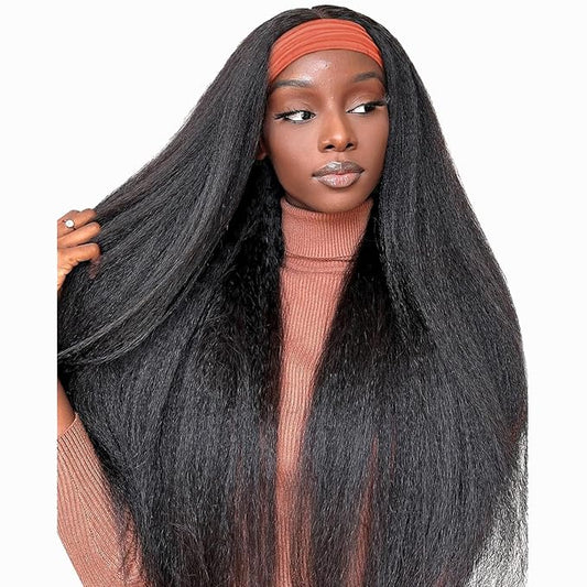 30 Inch Kinky Straight Wig Human Hair 180% Density 12A Kinky Straight Human Hair Headband Wigs for Black Women Yaki Straight Human Hair Wigs with Headband Attached Half Wig Natural Black Color