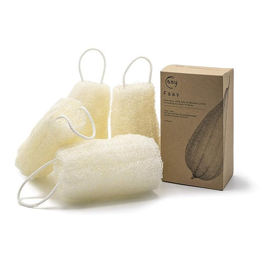 FAAY 4 Pcs Premium Natural Exfoliating Loofah Sponge: 6" Eco-friendly Unbleached Luffa Body Scrubber Rejuvenating Your Skin for Men and Women. Paraben Free Bath Sponge, Shower Loofah