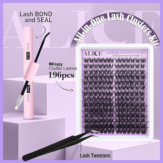 ALICE Cluster Eyelash Extension Kit Natural Wispy Lash Clusters Kit DIY Lash Extension Kit 196pcs 10-18mm Individual Lashes with Mix 4-7mm of Lash Band Lash Glue Lash Twezeers