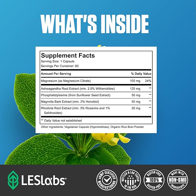 LES Labs Cortisol Health β Stress Relief, Balanced Cortisol Response, Relaxation & Deep Sleep β Phosphatidylserine, Magnesium, Magnolia Bark, Rhodiola Rosea & Ashwagandha β Non-GMO β 60 Capsules