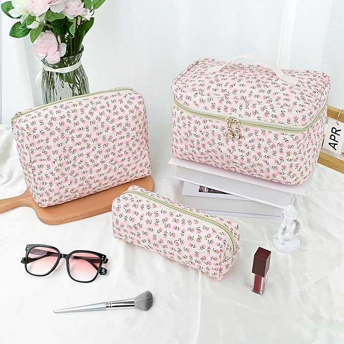 3 PCS Travel Makeup Bag Set, Large Cotton Make up Bag Quilted for Women, Floral Cosmetic Bag Toiletry Bag for Girls Cute Flower Toiletry Bag Travel Accessories Brushes Kawaii Stuff - Red Flower