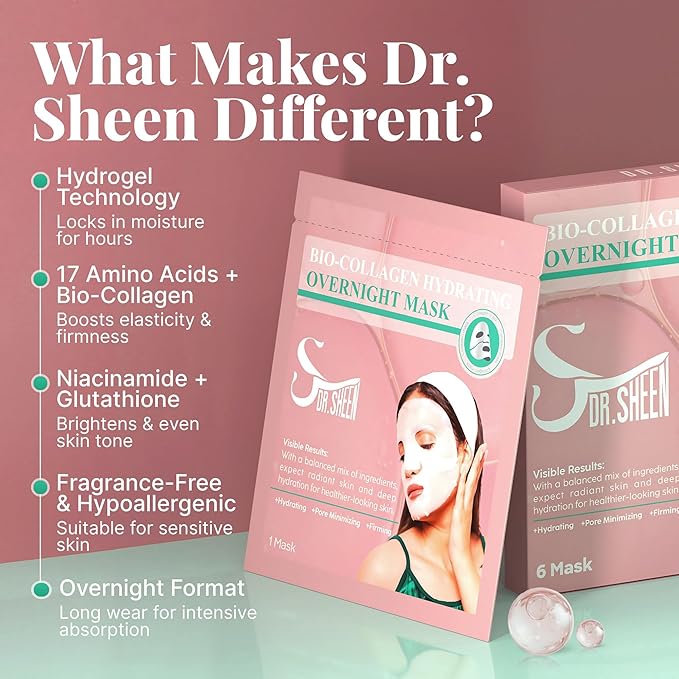 Bio Collagen Face Mask Overnight, 6 Pack β Hydrogel Korean Face Masks, Hydrating Collagen Mask for All Skin Types, Anti-Aging Face Masks Skincare, Deep Moisturizing, Improves Elasticity & Radiance