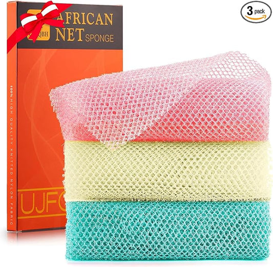 3 Pieces African Net Sponge, African exfoliating net African Net Long Net Bath Sponge Exfoliating Shower Body Scrubber Back Scrubber Skin SmootherοΌPink, Green, Off-WhiteοΌ