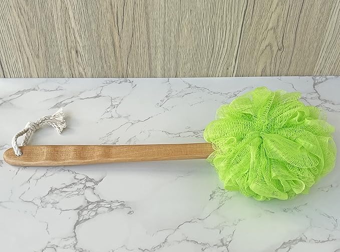 Shower Loofah Body & Back Scrubber - Exfoliating Loofah luffa Bath Brush On a Stick - with Long Wooden Handle Back Brush for Men & Women - Easy Reach Body Wash & Lotion ApplicatorοΌ 2 Pack- GreenοΌ