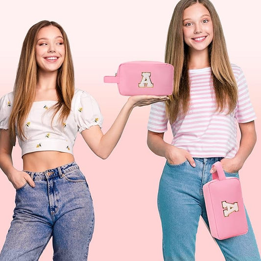 Aveniee Monogram Makeup Bag for Women,Personalized Travel Makeup Bag With Handle,Preppy Cosmetic Organizer Makeup Brush Bag,Birthday Gifts for Teen Girls Mom Wife-Pink J