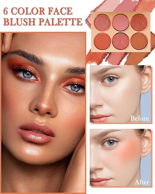 Matte Face Blush Palette with Brush-6 Color High Pigment Silky Mineral Blendable Blusher Contour Powder for Cheeks,Longlasting Facial Beauty Cosmetic,Mother's Day Makeup Gift for Women Girl-Set 02