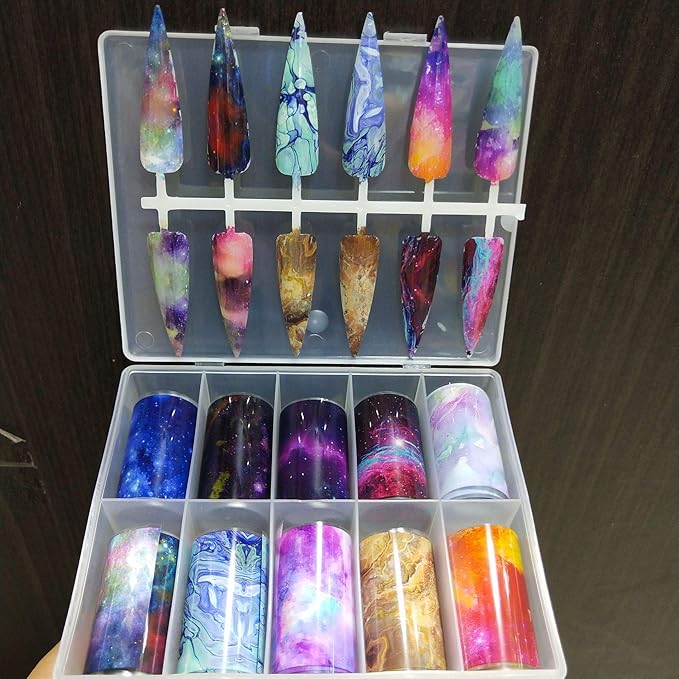 Kalolary 20 Color Starry Sky Stars Nail Art Foil with Nail Glue, Holographic Nail Art Transfer Stickers DIY Decoration, for Nail Art Salon or Home Use