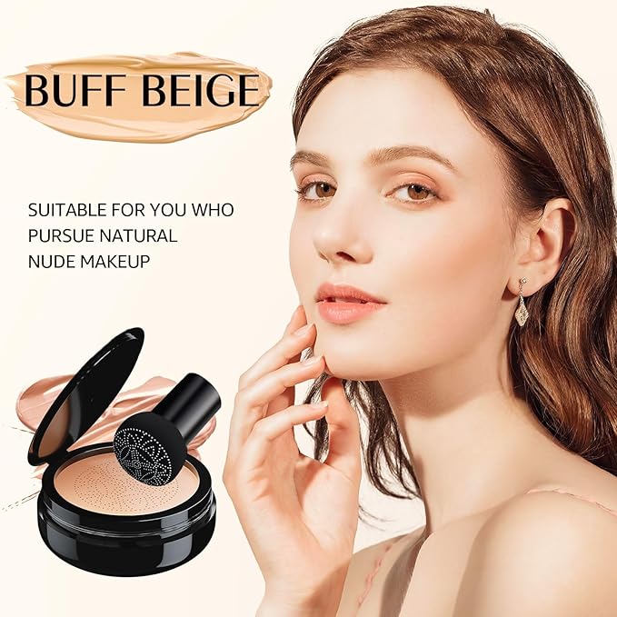 Mushroom Head Air Cushion CC Cream - New Upgraded BB Cream Face Makeup Foundation for Mature Skin Moisturizing Concealer Brighten Long-Lasting, Gold Packaging (Buff Beige, 3.21 Ounce (Pack of 1))