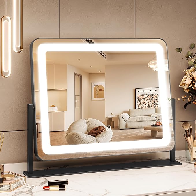 19.6"x15.7" Vanity Mirror with Lights, Large Lighted Mirror, LED Makeup Mirror with 3-Color Dimmable Modes and Smart Touch Control, Perfect for Desk or Bedroom, Vanity Desk Tabletop Makeup, White