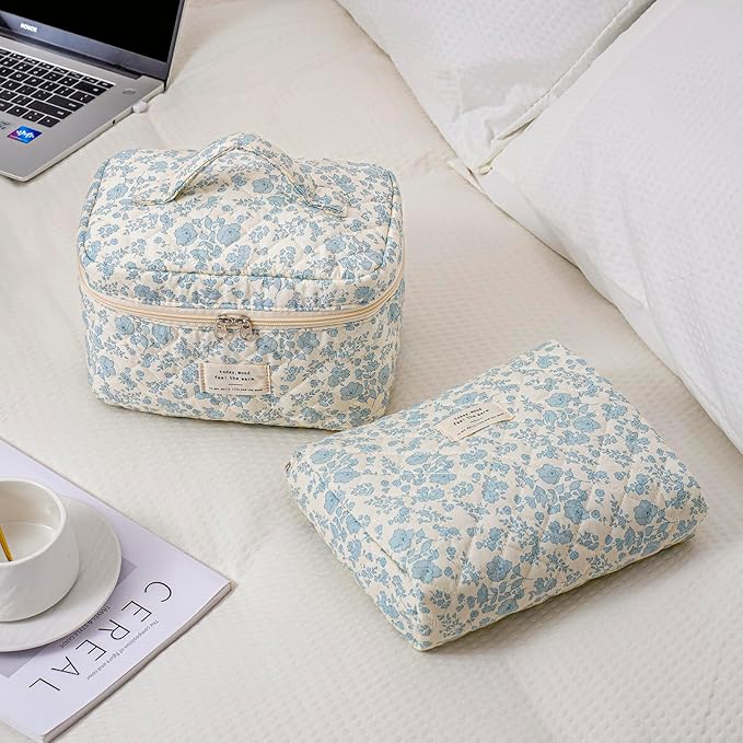 uekeboag Large Travel Quilted Makeup Bag for Women, Floral Cotton Cosmetic Bag, Coquette Aesthetic Floral Toiletry Organizer Bag