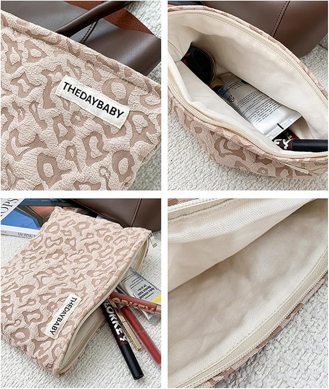 1PCS Cotton Makeup Bag Portable Travel Bag Quilted Cosmetic Bag Aesthetic Leopard Print Toiletry Organizer Case Pouch Bag for Women Girls Khaki Color