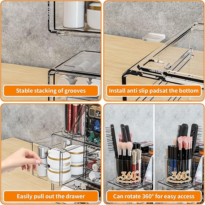 3 Pack Clear Makeup Organizer Countertop,9 Drawers Bathroom Vanity Organizer with Make up Brush Holder,Make up Organizers for Counter,Skincare Organizers for Dresser Top Beauty,Hair Product Organizer