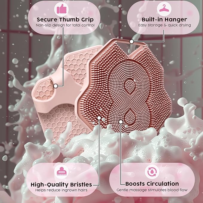 Lintach™ Silicone Body Scrubber – Gentle Exfoliating Body Scrubber – Ergonomic Shower and Bath Brush for Men and Women – Reusable and Food-Grade Silicone Brush for Smooth, Supple Skin, (Rose Pink)