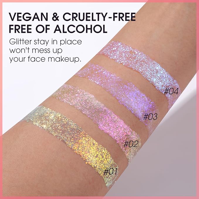 MIELIKKI Glitter Gel for Face and Body, Sparkling Holographic Body Shimmer Gel, Reflective Diamond Sequins Pigment for Eye Lip Hair Nails Paint, Festival Rave Accessories, 01