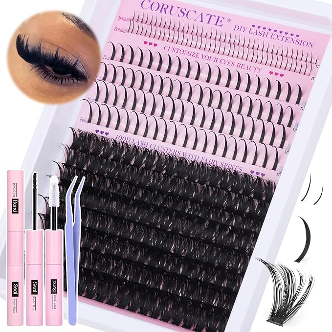 100D Lash Clusters Kit with Bottom Lashes Spikes DIY Lash Extension Kit Thick Cluster Eyelash Extensions 5-20mm Cluster Lashes Strips Eyelash Clusters Individual Lashes Kit with Glue by CORUSCATE