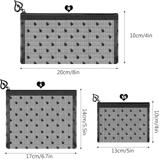 6 Pack Mini Zipper Mesh Makeup Bags, Heart Print Nylon Cosmetic Bags Toiletry Bags for Office Travel Organization (Black, M)