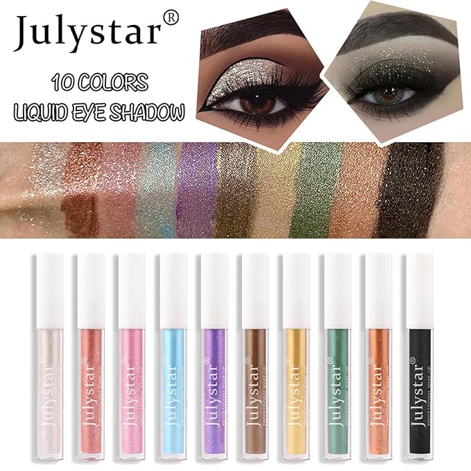10 Color Glitter Liquid Eyeshadow Set Metallic Shimmer Eye Shadow Sparkling Eyeshadow Gift Set for Women Waterproof Quick Drying