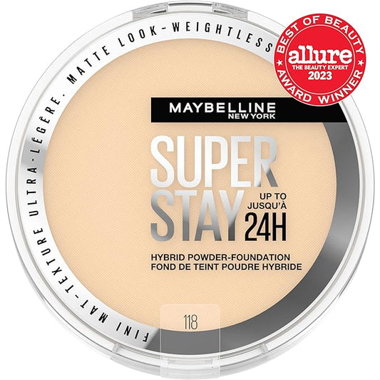 Maybelline Super Stay Up to 24HR Hybrid Powder-Foundation, Medium-to-Full Coverage Makeup, Matte Finish, 118, 1 Count