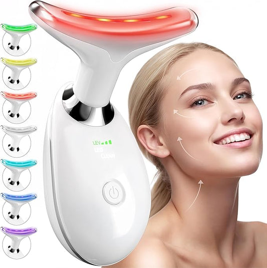 Face Neck Device Facial Massager, True Beauty Glow, Microcurrent Skin Care, Double Chin Reducer, Face Lift, Face Sculpting Tool, Gua Sha Facial Tools, 7-in-1 L-E-D Colors - White Machine - Biidey