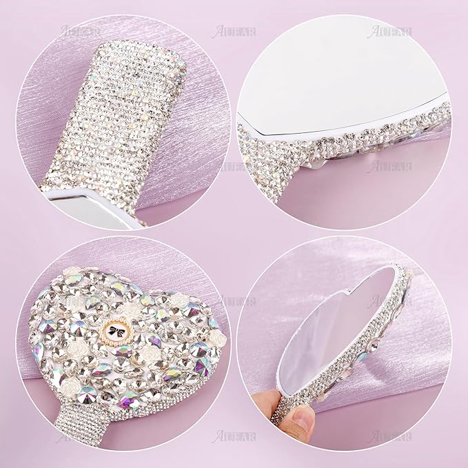 AUEAR, Rhinestone Handheld Mirror Bling Glitter Cosmetic Dazzling Portable Hand Mirrors with Handle for Women White Love Heart
