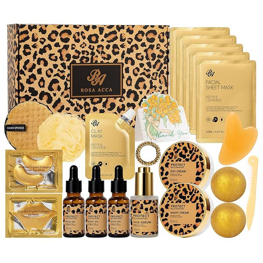 Leopard 23 Pcs Skin Care Set for Women, Bath and Body Set, Spa Gift Baskets, Birthday Gifts, Day Cream, Peptide Serum, Bath Oil, Sheet Mask, Clay Mask, Bath Bombs, Christmas, Valentines, Mother Day