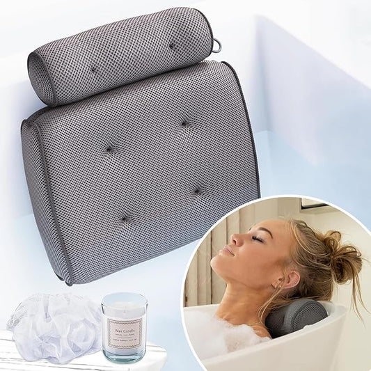SunSerenity Luxury Bath Pillow for Tub - Relaxing Bath Tub Accessory β Bath Tub Pillow for Head and Back, Unscented Candle, Sponge Loofah, Laundry Bag, & Suction Tool β Grey on Grey