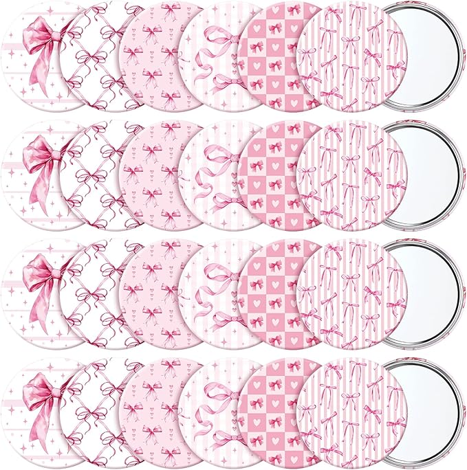 Geelin 24 Pcs Pink Compact Mirror Bulk Coquette Portable Aesthetic Mini Mirror Bulk Pink Bow Party Favors for Purse Pocket Travel Present Women Birthday Gift Wedding Bridal Shower Grad Mom