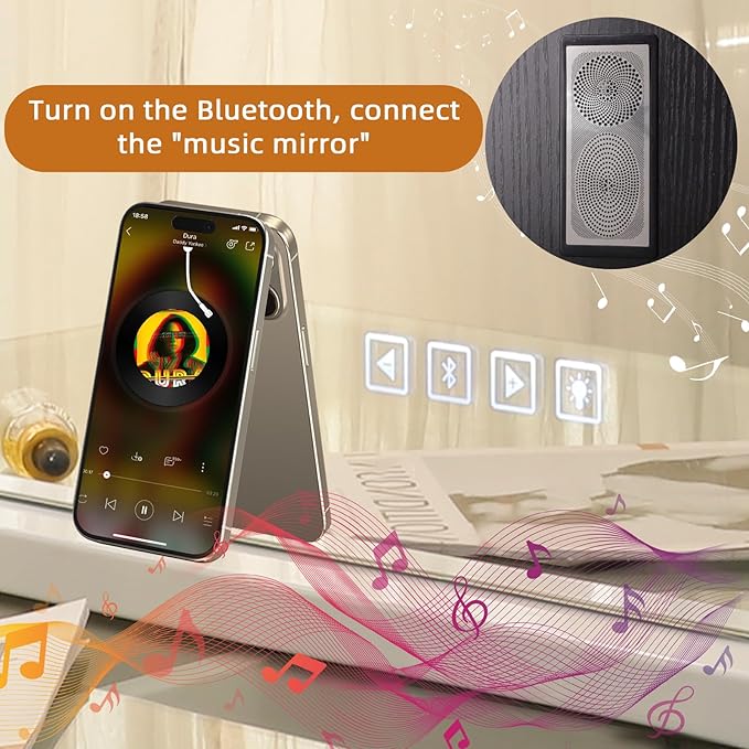 Misavanity Large Vanity Mirror with Lights 31.40’’ x 23.40’’ Tempered Galss Speaker Lighted Hollywood Mirror with 18 LED Dimmable Bulbs 3 Lighting Modes USB Charging Port and 10X Magnification, White