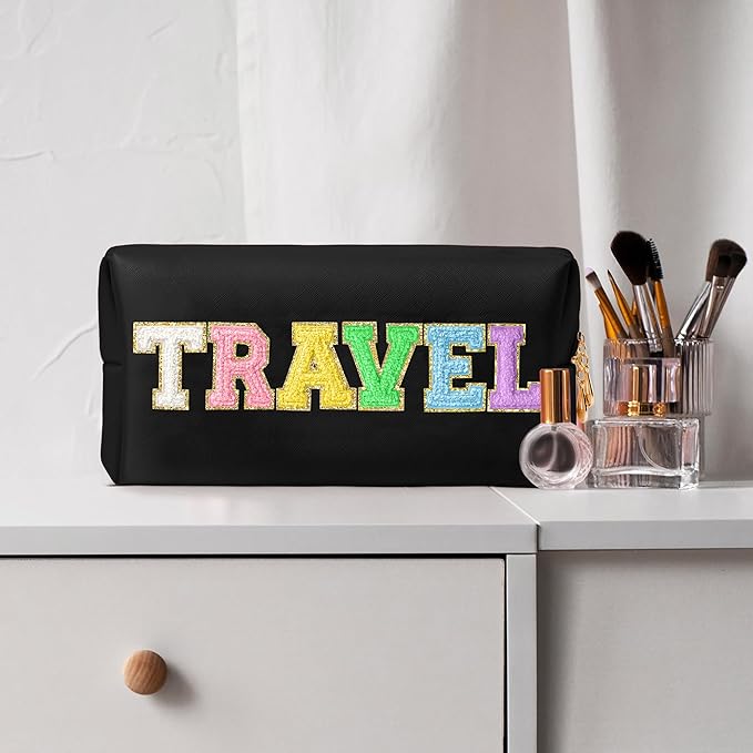CY2SIDE TRAVEL Letter Makeup Bag - Colorful Chenille Letter Patch Cosmetic Bag Black PU Leather Patch Pouch Waterproof Portable Zipper Travel Organizer Christmas Idea Gifts for Women Girls, Black