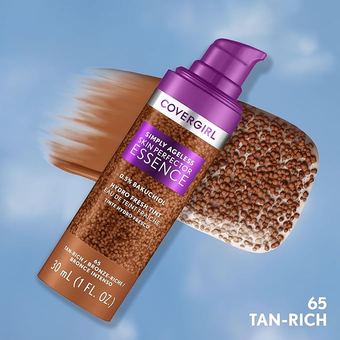 Covergirl Simply Ageless Skin Perfector Essence Foundation, 65 Tan-Rich, Tinted Skincare Makeup Hybrid, Sheer Tint, Radiant Finish, Glowy Finish, Vegan Formula, 1.0oz