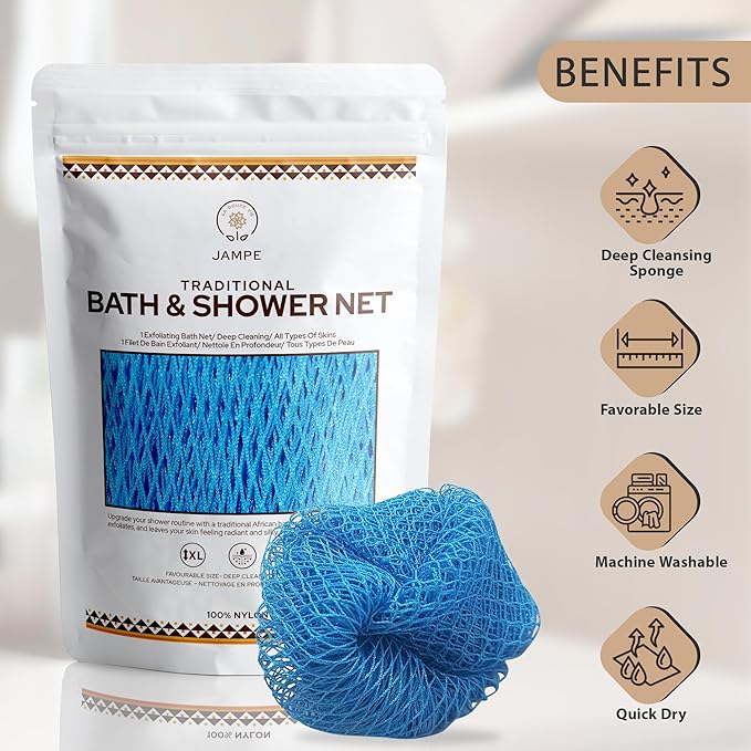 African Bath Sponge, Long Exfoliating Bath and Shower net, Body Scrubber and Back Scrubber, Skin Smoother, Our Premium Quality Design, Great for Daily Use