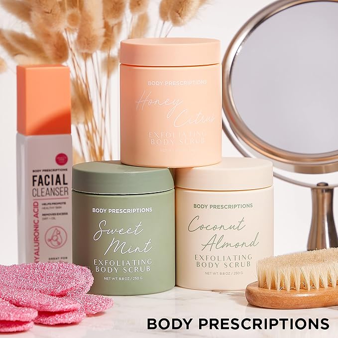 Body Prescriptions Exfoliating Body Scrub β Body Cleanser for Nourished, Ultra-Smooth Skin, Honey Citrus, Coconut Almond, and Sweet Mint
