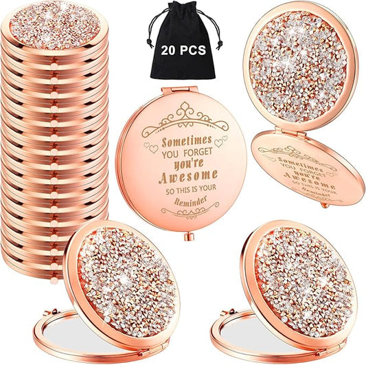 Cindeer 20 Pcs Small Compact Mirror Folding Pocket Makeup Round Hand Held Cosmetic Magnifying Compact Rhinestone Mirror with 1X/2X Magnification for Women Girls Travel (Gold Style)