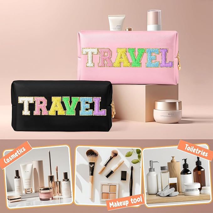 CY2SIDE TRAVEL Letter Makeup Bag - Colorful Chenille Letter Patch Cosmetic Bag Black PU Leather Patch Pouch Waterproof Portable Zipper Travel Organizer Christmas Idea Gifts for Women Girls, Black