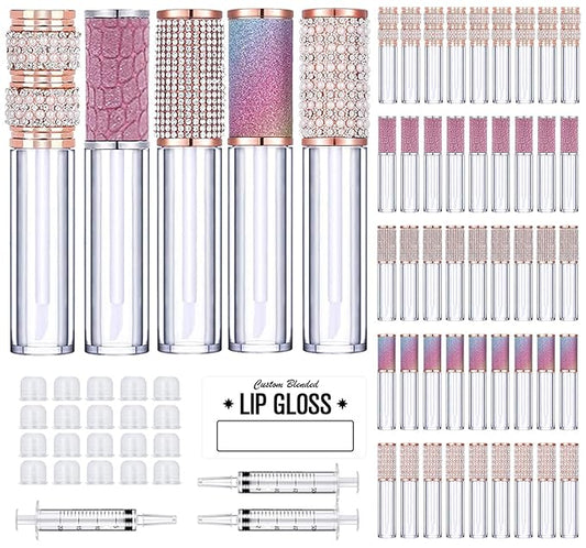 AMORIX 50 Pack Diamond Lip Gloss Tubes with Wand 5ml Empty Rhinestone Lip Gloss Containers Lipgloss Bottles Crystal Lip Gloss Supplies Kit + 3pcs Syringes + Labels for DIY Base