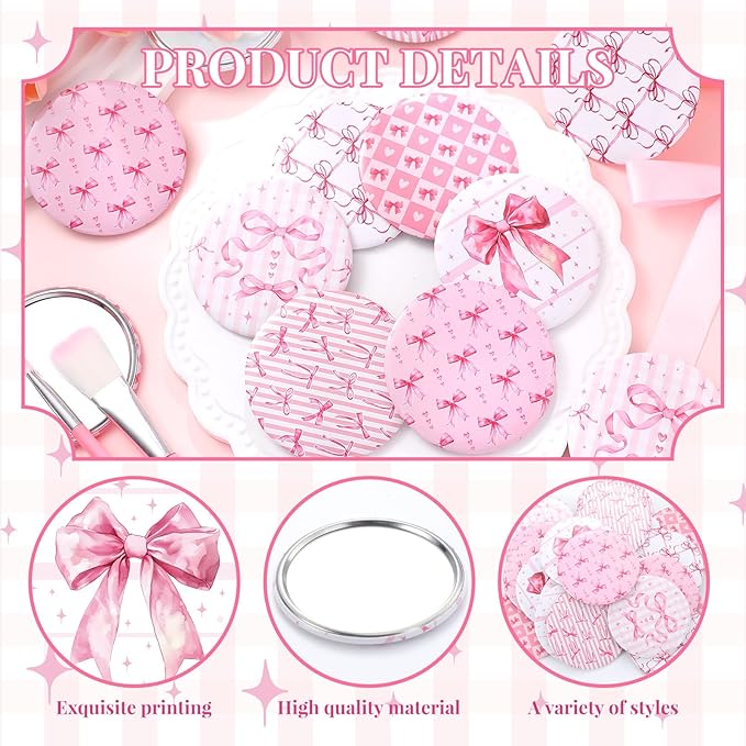 Geelin 12 Pcs Pink Compact Mirror Bulk Coquette Portable Aesthetic Mini Mirror Bulk Pink Bow Party Favors for Purse Pocket Travel Present Women Birthday Gift Wedding Bridal Shower Grad Mom