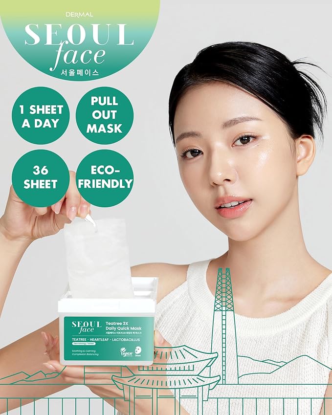 DERMAL Seoul Face Teatree 3X Daily Quick Mask 36 Sheet β Korean Skincare Vegan Tencel Facial Masks - Calming, Soothing, Blemish Control Face Mask Sheets with Heartleaf Extract, Lactobacillus