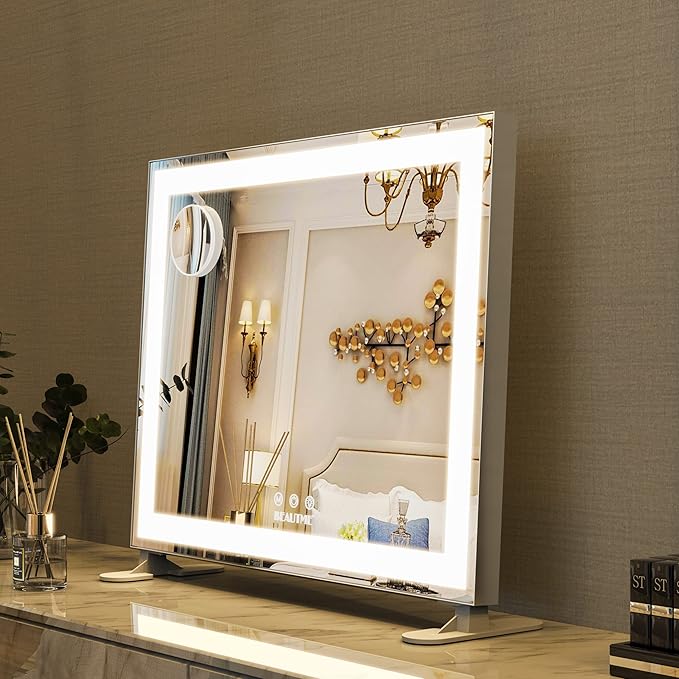 BEAUTME Vanity Mirror with Lights,Hollywood Lighted Makeup Cosmetic Mirrors with Smart Button,Tabletop Makeup Mirrors,with10X Round Mirror,48.5x40.5cm,Silver