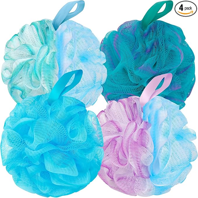 Bath Loofah Shower Sponge Body Back Scrubber Soft Mesh Shower Puffs Exfoliating Loofa for Women & Men Bath Accessories Cleaning Tool (4Pack 60G Loofah Sponge, Forest Fairy)