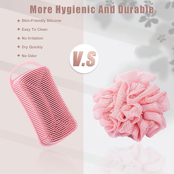 VOCOSTE Silicone Body Scrubber, 2 in 1 Body Brush Hair Scalp Massager, Soft Body Scrubbers for Use in Shower, Lathers Well Exfoliating Body Scrubber for All Skin Types, Pink