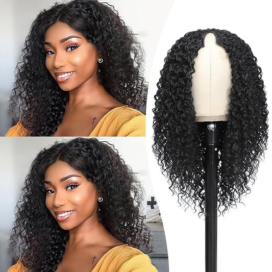 HUA 14 Inch Curly V Part Wig Human Hair Mixed Synthetic Upgrade U Part Human Hair Wig for Black Women Daily Use Glueless V Shape Wigs Afro Curly Wigs 180% Density Natural Black Color