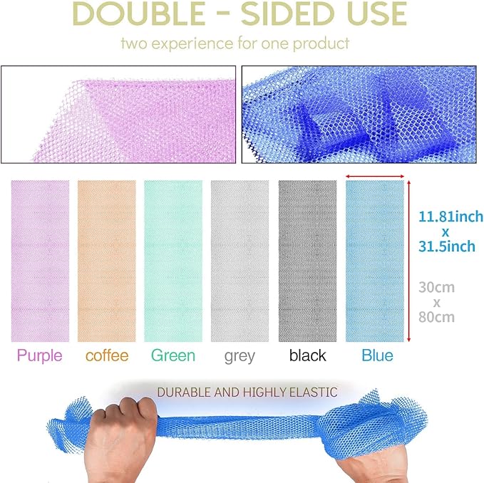6 Pieces African Bath Sponge African Net Long Net Bath Sponge Exfoliating Shower Body Scrubber Back Scrubber Skin Smoother,Great for Daily Use (Purple, Gray, Blue, Black, Brown, Green)