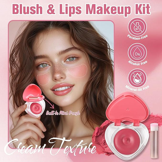 Heart-Shaped Cream Blush for Cheeks & Lips β 2-in-1 Tinted Lip and Cheek Balm Kit with Mini Brush β Blendable Dewy Blusher Face Makeup for Women, Portable Compact for Travel & On-the-Go Touch Ups 03